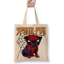 Baskı Dükkanı Spider Pug Köpek Örümcek Adam Bez Çanta Uzun Saplı