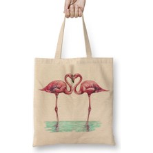 Baskı Dükkanı Aşk Kuşları Flamingo 3 Bez Çanta Uzun Saplı