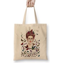 Baskı Dükkanı Frida Kahlo Kelebekler Bez Çanta Uzun Saplı