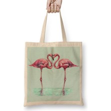 Baskı Dükkanı Aşk Kuşları Flamingo 4 Bez Çanta Uzun Saplı