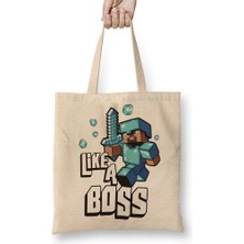 Baskı Dükkanı Minecraft Like A Boss Bez Çanta Uzun Saplı