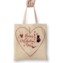 Baskı Dükkanı Aşk Kediler Happy Valentine's Cats Bez Çanta Uzun Saplı