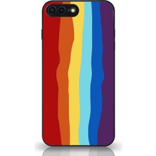 Kzy Apple iPhone 7 Plus Kapak Kamera Korumalı Cam Kılıf - Siyah Gökkuşağı Desenli