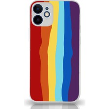 Kzy Apple iPhone 12 Kapak Kamera Korumalı Cam Kılıf - Beyaz Gökkuşağı Desenli