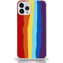 Kzy Apple iPhone 11 Pro Max Kapak Kamera Korumalı Cam Kılıf - Beyaz Gökkuşağı Desenli