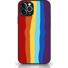 Kzy Apple iPhone 11 Pro Max Kapak Kamera Korumalı Cam Kılıf - Siyah Gökkuşağı Desenli