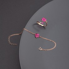 Miavi Silver 925 Ayar Gümüş Yakut Taşlı Yonca Bileklik Yüzük Set