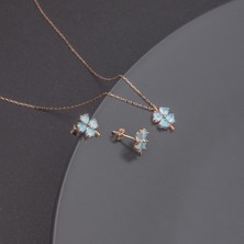 Miavi Silver 925 Ayar Gümüş Turkuaz Taşlı Yonca Küpe Kolye Set