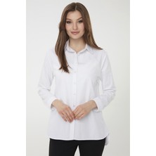 Desen Triko Kadın Koton Uzun Gömlek Beyaz