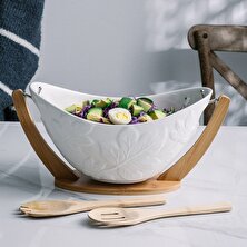 Three Beans Derin Kase Salata Asılı Seramik ve Bambu Salata Kase ile Standı Dekoratif Beşik Meyve Tepsisi Kaşıkla | Kaseler (Yurt Dışından)