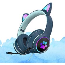 Fayshow Kedi Kulak Kablolu Aşırı Kulak Kulaklık Katlanabilir Surround Ses Rgb Işık Telefonlar Için Koyu Mavi (Yurt Dışından)
