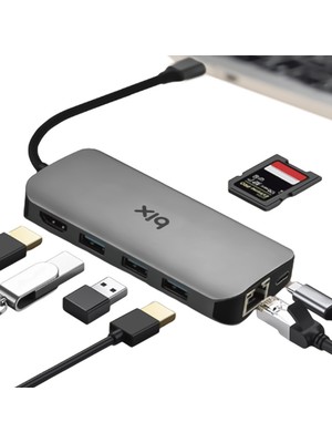 Bix BX10HB Type-C to 4K HDMI 3*USB-A Gigabit Ethernet PD 100W SD ve Micro SD Kart Okuyucu Çoklayıcı Hub