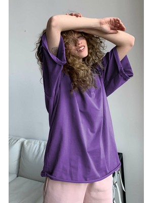 Madmext Mor Oversize Basic Kadın Tişört