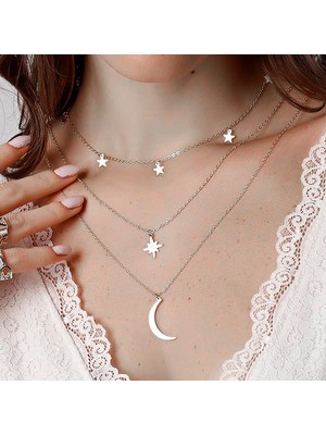 X-lady Accessories Gümüş Renk Kutup Yıldızı ve Hilal Figürlü Çok Katmanlı Kombin Kolye 960