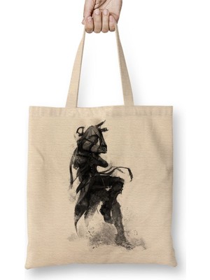 Baskı Dükkanı Assassins Creed Dark Black Bez Çanta Uzun Saplı