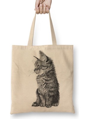 Baskı Dükkanı Cat Kedi Bez Çanta Uzun Saplı