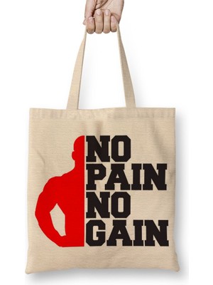 Baskı Dükkanı No Pain No Gain Vector Style Bez Çanta Uzun Saplı