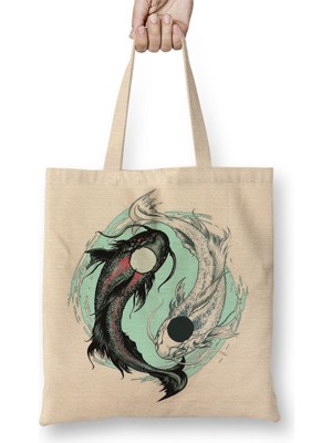 Baskı Dükkanı Koi Balığı Yin ve Yang Bez Çanta Uzun Saplı