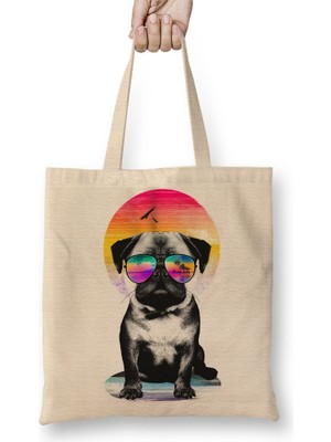 Baskı Dükkanı Summer Pug Gözlüklü Pug Köpek Bez Çanta Uzun Saplı