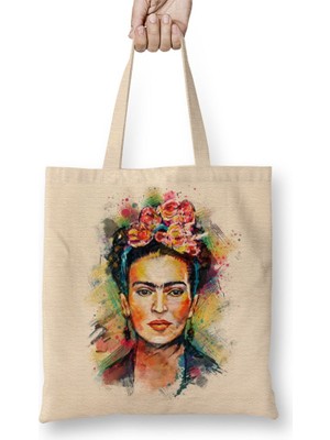 Baskı Dükkanı Frida Kahlo Renkli Çiçekli Bez Çanta Uzun Saplı