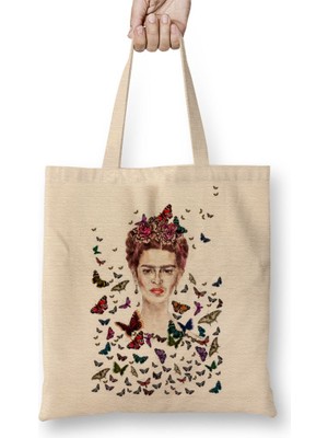 Baskı Dükkanı Frida Kahlo Kelebekler Bez Çanta Uzun Saplı