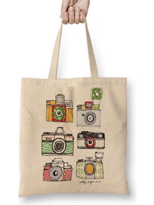 Baskı Dükkanı Watercolor Camera Bez Çanta Uzun Saplı