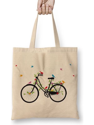 Baskı Dükkanı Kuşlu Bisiklet Bez Çanta Uzun Saplı