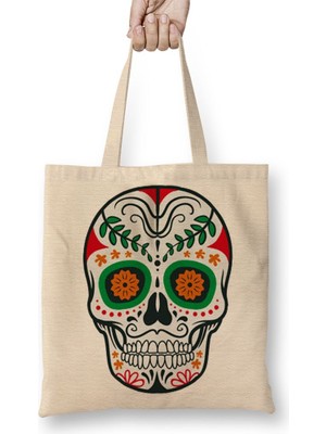 Baskı Dükkanı Renkli ve Desenli Kuru Kafa Skull Bez Çanta Uzun Saplı