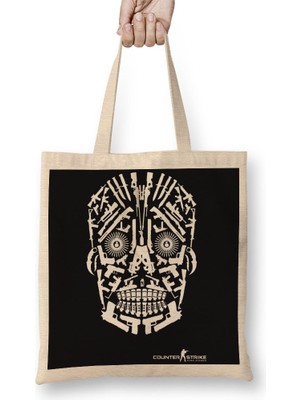 Baskı Dükkanı Skull Gun White Bez Çanta Uzun Saplı
