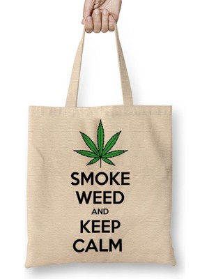Baskı Dükkanı Smoke Weed And Keep Calm Connect Bez Çanta Uzun Saplı