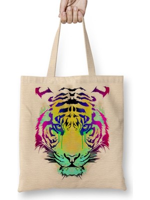 Baskı Dükkanı Renkli Kaplan Aslan Bez Çanta Uzun Saplı