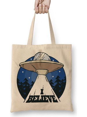 Baskı Dükkanı Alien Believe Uzaylı Bez Çanta Uzun Saplı
