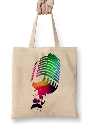 Baskı Dükkanı Renkli Mikrofon Müzik Bez Çanta Uzun Saplı