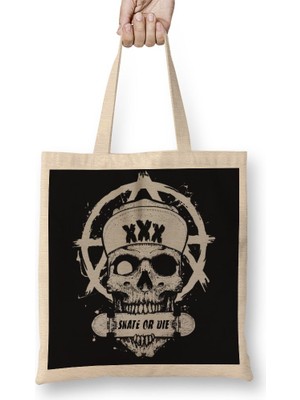 Baskı Dükkanı Skate Skull Bez Çanta Uzun Saplı
