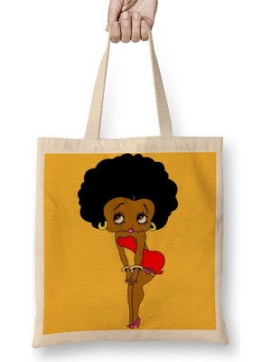 Baskı Dükkanı Betty Boop Negra Bez Çanta Uzun Saplı