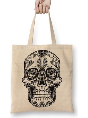 Baskı Dükkanı Mexicana Psicodelica Skull 01 Bez Çanta Uzun Saplı