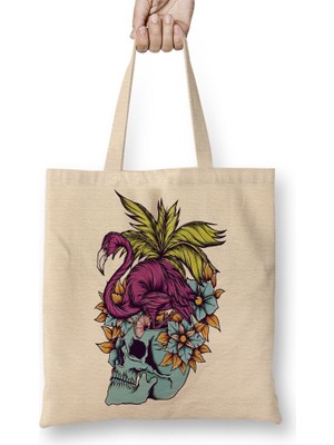 Baskı Dükkanı Caveira Tropical Flamingo Skull Bez Çanta Uzun Saplı