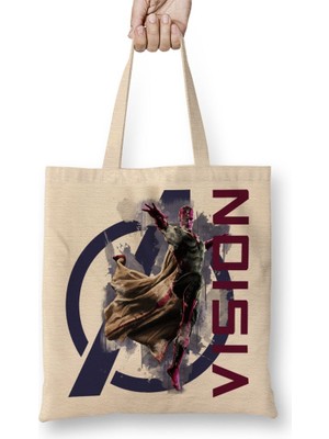 Baskı Dükkanı Avengers Vision Bez Çanta Uzun Saplı