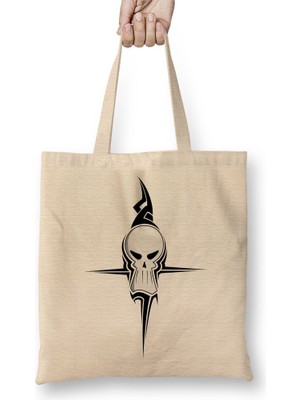 Baskı Dükkanı Caveira Tribal Bez Çanta Uzun Saplı