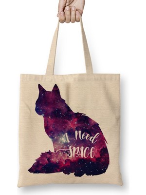 Baskı Dükkanı Eu Preciso De Espaço Cat Kedi Bez Çanta Uzun Saplı