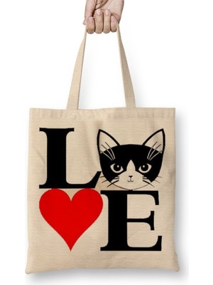 Baskı Dükkanı I Lowe Kedi Seni Seviyorum Kedi Bez Çanta Uzun Saplı