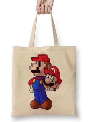 Baskı Dükkanı Mario Pixel Bez Çanta Uzun Saplı