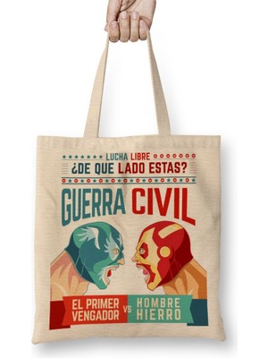 Baskı Dükkanı Lucha Libre Cap ve Iron Man Bez Çanta Uzun Saplı