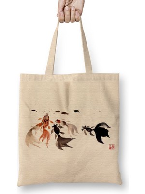 Baskı Dükkanı Goldfish Lover Hungry Goldfishes Bez Çanta Uzun Saplı