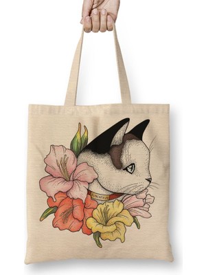 Baskı Dükkanı Cat Portrait In Gladiolus Flowers Pink Edition Kedi Bez Çanta Uzun Saplı