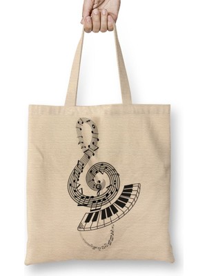 Baskı Dükkanı Piano Piyano Müzik Notaları Bez Çanta Uzun Saplı