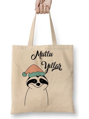 Baskı Dükkanı Sevimli Rakun Ile Mutlu Yıllar Bez Çanta Uzun Saplı