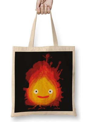 Baskı Dükkanı Howls Moving Castle Calcifer Bez Çanta Uzun Saplı