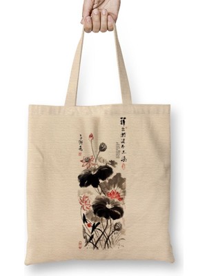 Baskı Dükkanı Lotus Flower Lotus Painting Bez Çanta Uzun Saplı