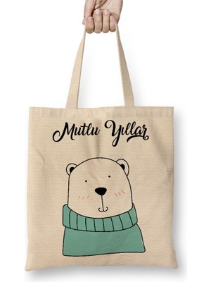 Baskı Dükkanı Sevimli Ayıcık Ile Mutlu Yıllar Bez Çanta Uzun Saplı